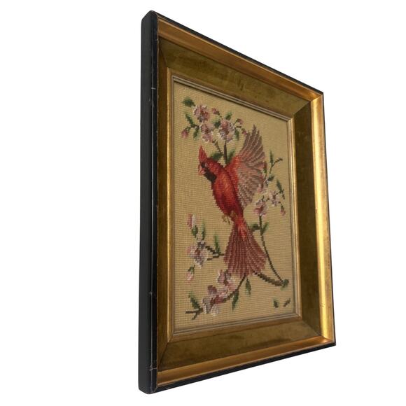 Vintage Framed Cardinal Needlepoint | Red Bird on Dogwood | 18x13 | Velvet Mat - Picture 3 of 5
